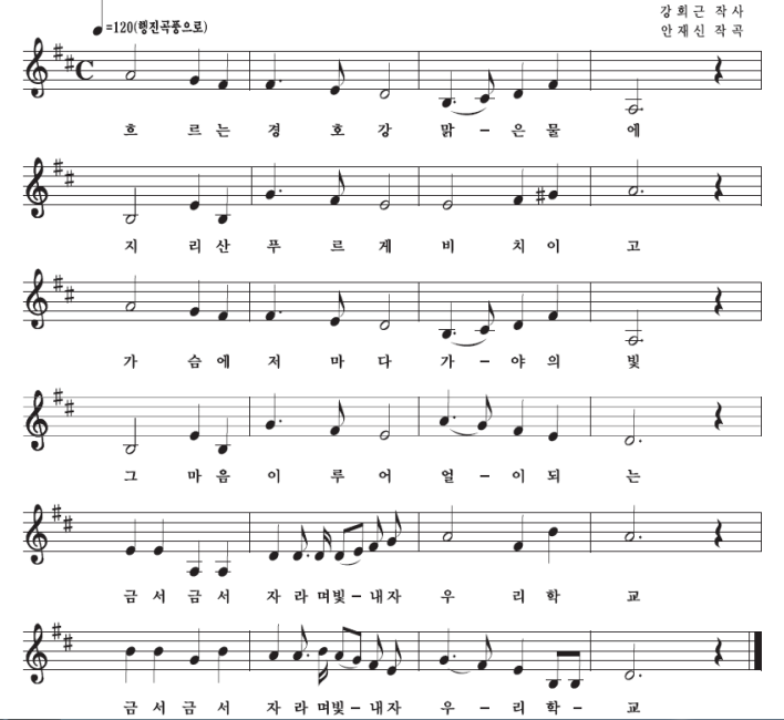 
흐르는 경호강 맑은물에
지리산 푸르게 비치이고
가슴에 저마다 가야의 빛
그 마음 이루어 얼이 되는
금서금서 자라며 빛내자 우리학교
금서금서 자라며 빛내자 우리학교